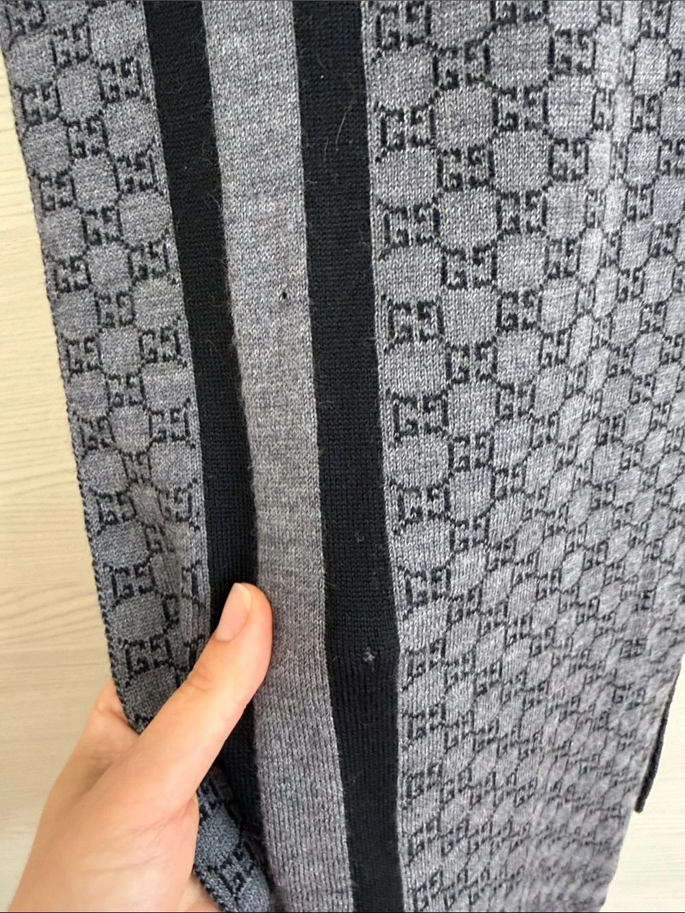 Gucci GG Monogram Wool Silk Scarf Gray Black Reversible